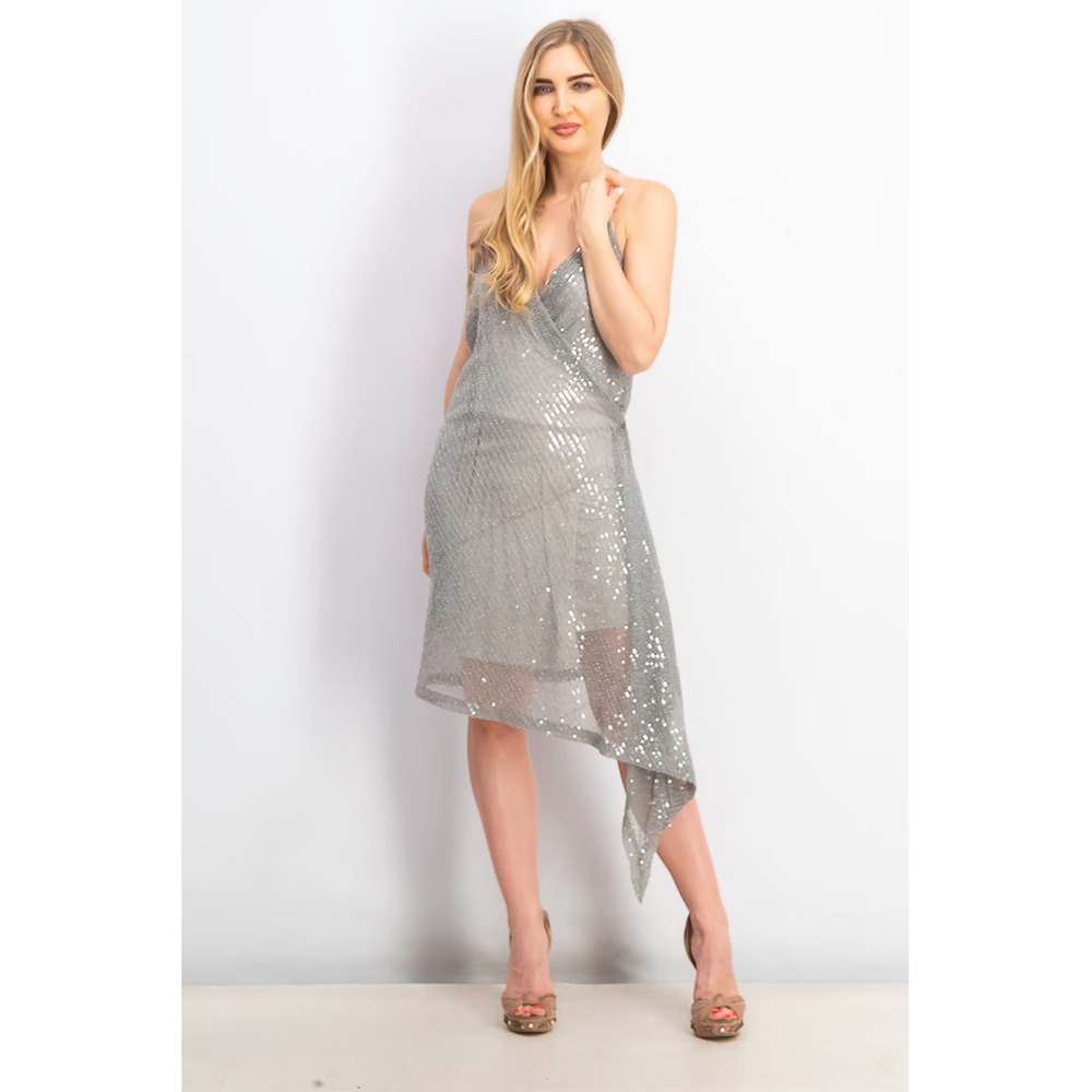$128 Guess Gunmetal Gray Lucila Sequin Wrap Dress Medium NEW G276